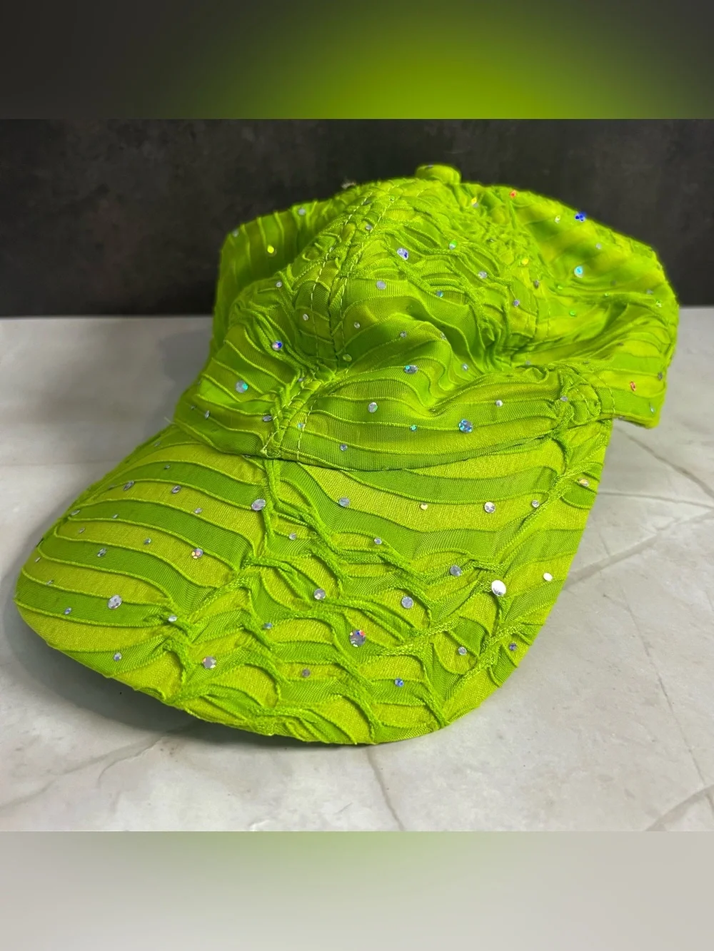 Embellished Neon Green Ruched Baseball Cap